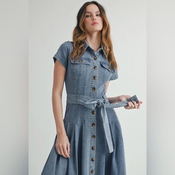 A293. Denim Button-Down Shirt Dress with Belted Waist - Picture 7 of 12